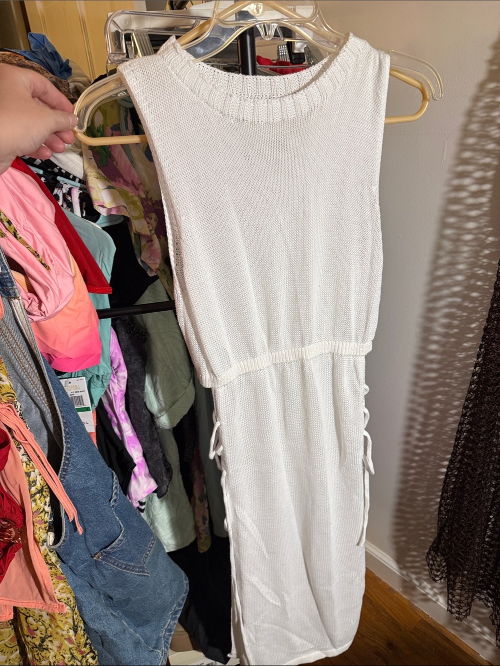 White Sleeveless Knit Midi Dress with Side Ties